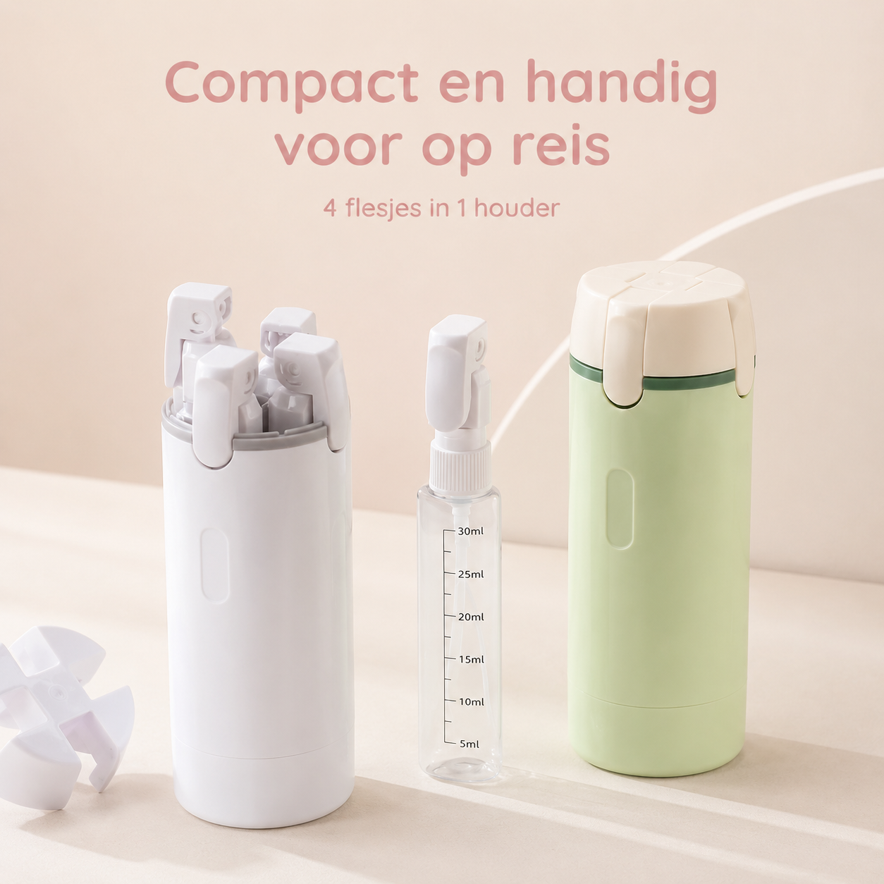 TravelEase™ 4-in-1 Reisdispenser — Vier verzorgingsproducten. Eén slimme houder.