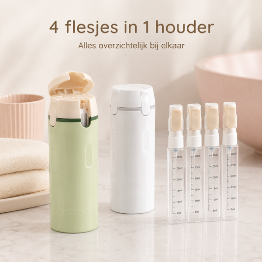 TravelEase™ 4-in-1 Reisdispenser — Vier verzorgingsproducten. Eén slimme houder.