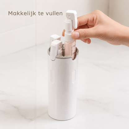 TravelEase™ 4-in-1 Reisdispenser — Vier verzorgingsproducten. Eén slimme houder.
