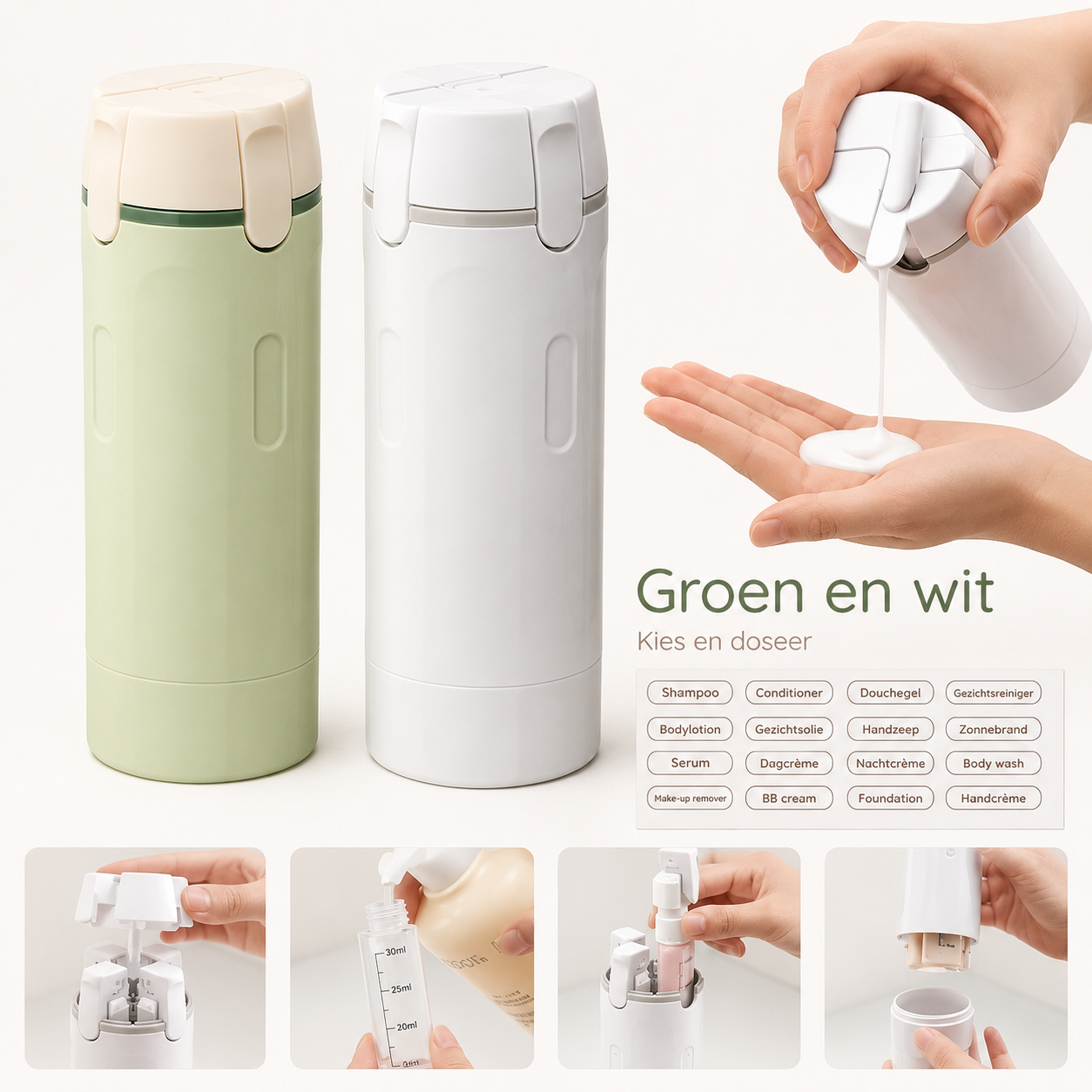 TravelEase™ 4-in-1 Reisdispenser — Vier verzorgingsproducten. Eén slimme houder.