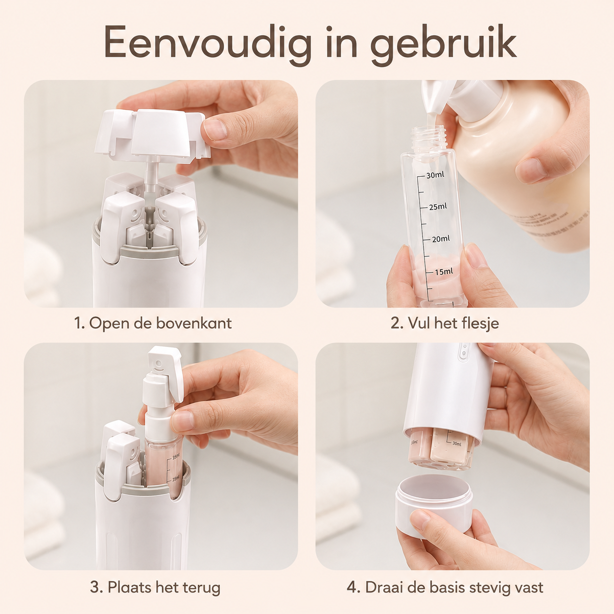 TravelEase™ 4-in-1 Reisdispenser — Vier verzorgingsproducten. Eén slimme houder.